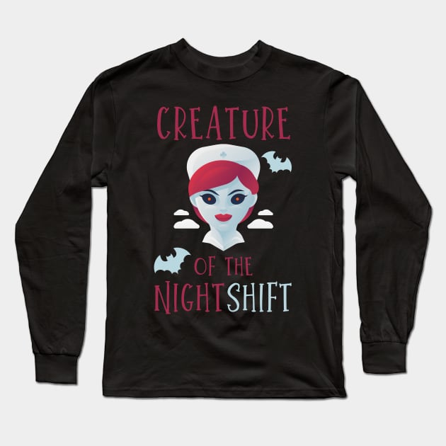 Creature of the night shift funny Nursing Halloween vampire nurse and bats design Long Sleeve T-Shirt by BlueLightDesign